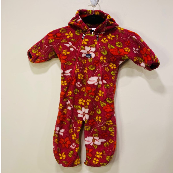 Patagonia Other - Pink Multicolored Baby Patagonia Flower Hooded Bunting Snow Fleece Suit 6m